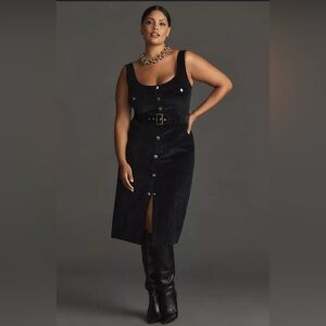 Maeve Anthropologie Corduroy Navy Blue Slim Pinafore Midi Dress size 16 W Preppy